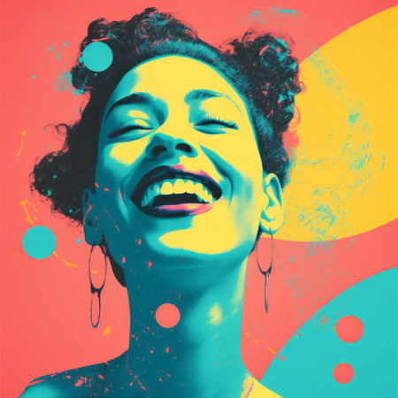 a woman laughing with colorful dots on her faceの素材