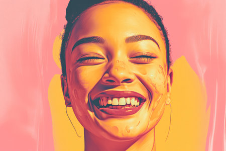 a woman is smiling with her mouth openの素材