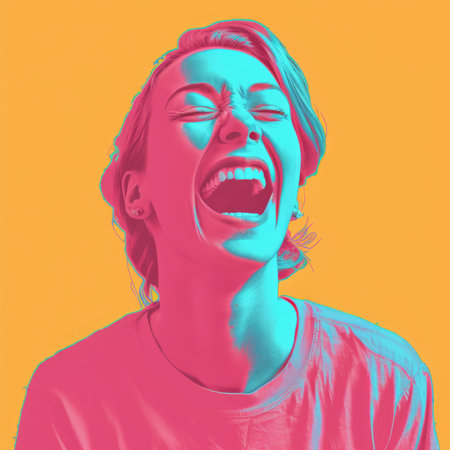 a woman laughing with her mouth open on an orange backgroundの素材