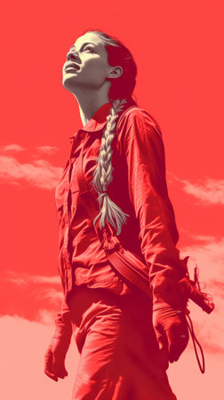 a woman in red holding a gun in front of a red skyの素材