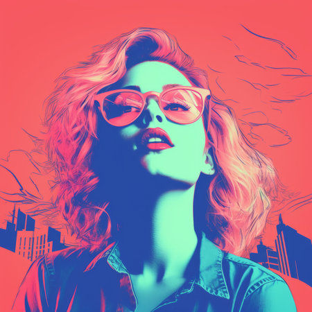 a woman wearing sunglasses and a blue shirt with a city in the backgroundの素材