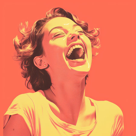 a woman laughing with her mouth open on an orange backgroundの素材