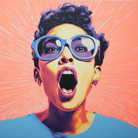 a woman wearing sunglasses and a blue shirt with an open mouthの素材
