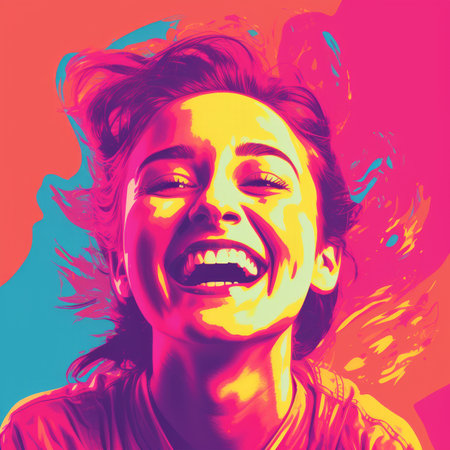 a woman laughing in front of a colorful backgroundの素材
