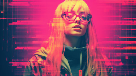 a woman wearing glasses and a jacket in front of a colorful backgroundの素材