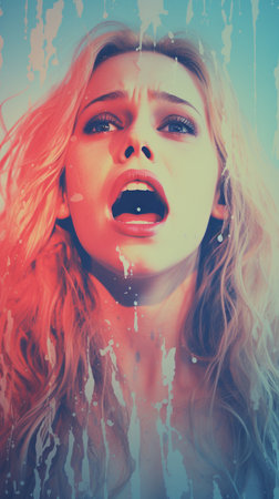 a woman screaming with her mouth open in front of a blue and red backgroundの素材