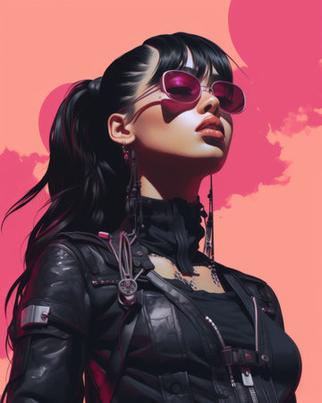 a woman wearing sunglasses and a leather jacket standing in front of a pink backgroundの素材