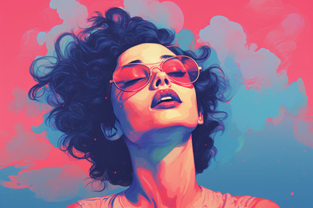 a woman wearing sunglasses and a pink and blue backgroundの素材