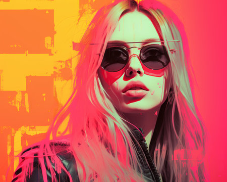a woman wearing sunglasses and a leather jacket in front of a colorful backgroundの素材