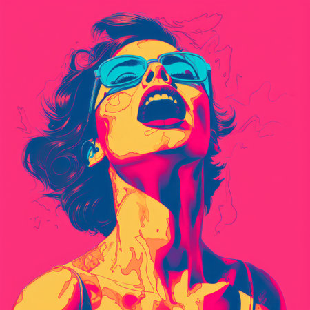 a woman wearing sunglasses and a pink backgroundの素材