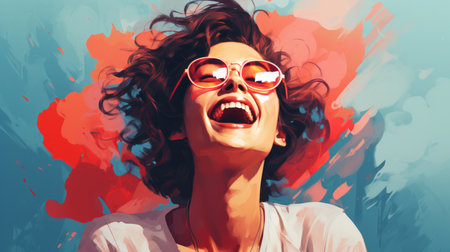a woman laughing with sunglasses on her faceの素材