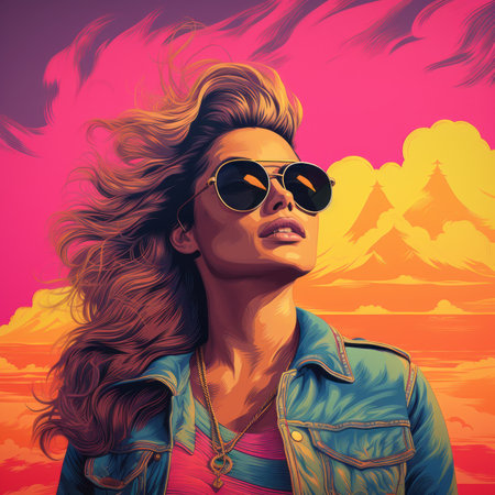 a woman wearing sunglasses and a denim jacket standing in front of a colorful backgroundの素材