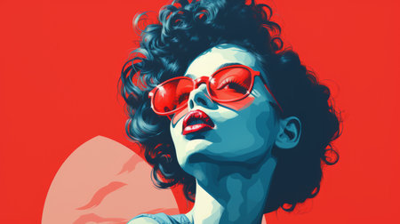 a woman wearing red sunglasses and a red dressの素材