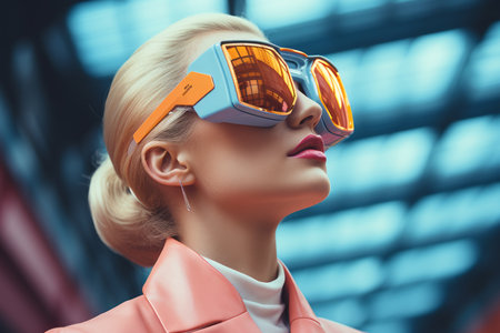 a woman wearing orange and blue sunglassesの素材