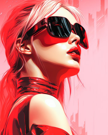 a woman wearing sunglasses and a red dressの素材