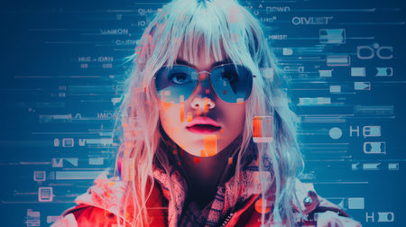 a woman wearing sunglasses and a red jacket is in front of a computer screenの素材