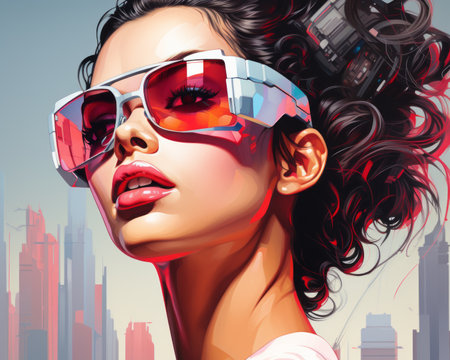 a woman wearing sunglasses in front of a futuristic cityscapeの素材