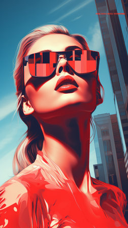 a woman wearing sunglasses and a red dress in front of skyscrapersの素材