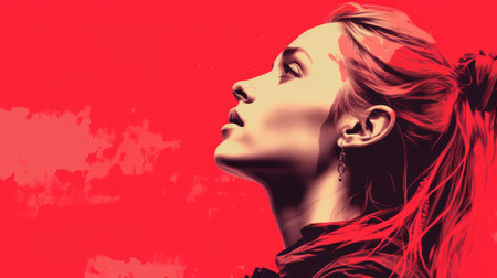 a woman with a ponytail in front of a red backgroundの素材