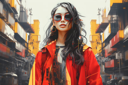 a woman wearing sunglasses and a red jacket in an urban settingの素材