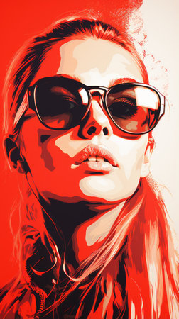 a woman wearing sunglasses and a red backgroundの素材