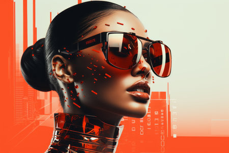 a woman wearing sunglasses in front of a city skylineの素材