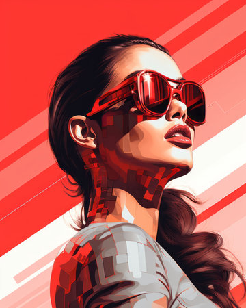 a woman wearing sunglasses in a red and white striped backgroundの素材