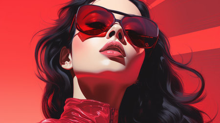 a woman wearing sunglasses and a red jacketの素材
