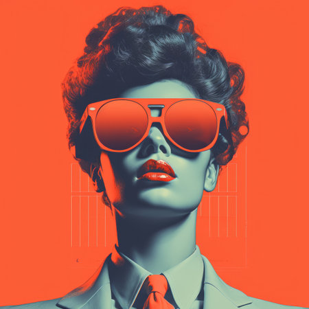 a woman wearing sunglasses and a suit on an orange backgroundの素材