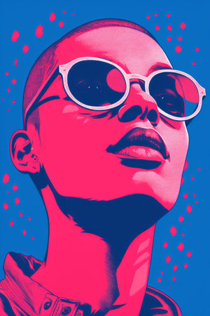 a woman wearing sunglasses in a blue and pink backgroundの素材