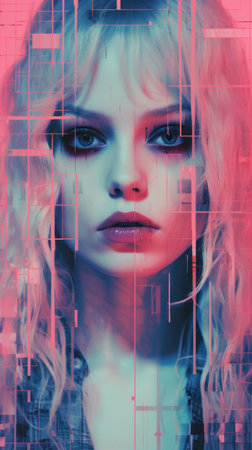 a woman with blonde hair and blue eyes in front of a pink and blue backgroundの素材
