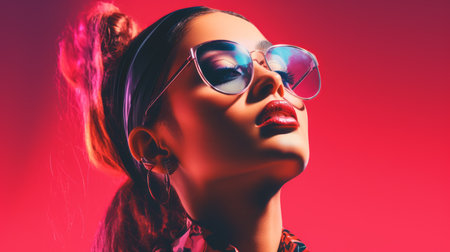 a woman wearing sunglasses on a red backgroundの素材
