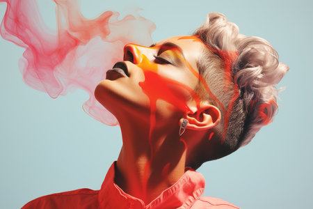 a woman with a pink shirt and red smoke coming out of her mouthの素材