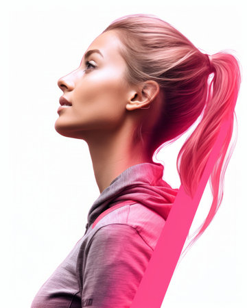a woman with a ponytail and pink ribbon in her hairの素材
