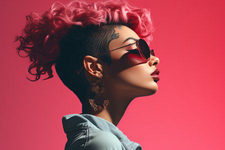 a woman with a pink mohawk and sunglasses on a pink backgroundの素材