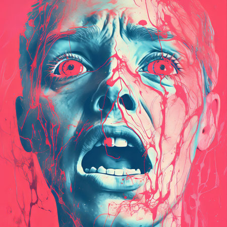 a woman with blood on her face and red eyesの素材