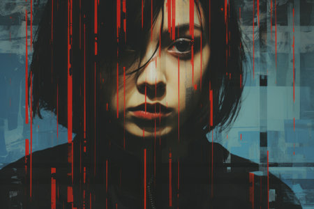 a woman with black hair and red paint on her faceの素材