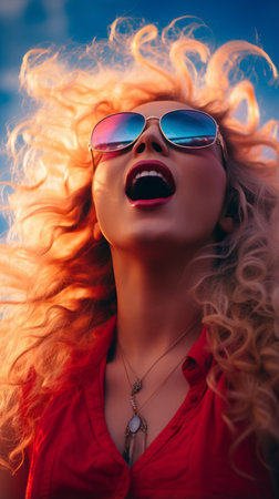 a woman wearing sunglasses and a red shirt with her hair blowing in the windの素材