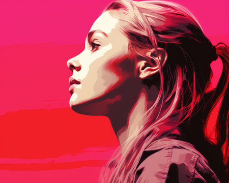 a woman with a ponytail in front of a red backgroundの素材