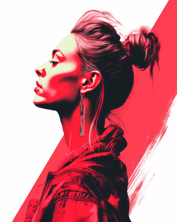 a woman with a bun in her hair is in front of a red backgroundの素材