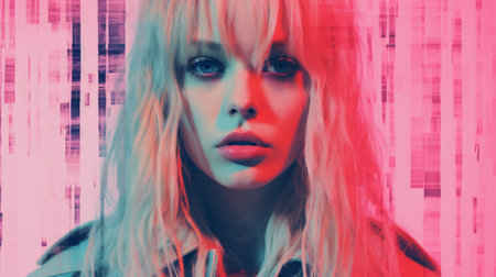 a woman with blonde hair and blue eyes in front of a pink backgroundの素材