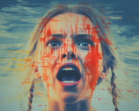 a woman with blood splattered on her faceの素材