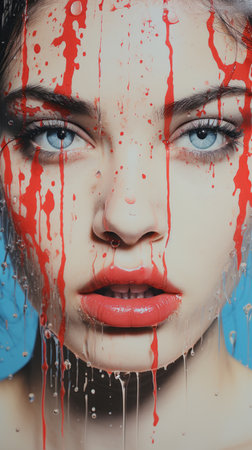 a woman with blood dripping down her faceの素材