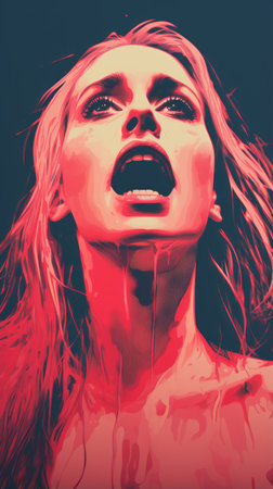 a woman with blood on her face in a red and blue backgroundの素材