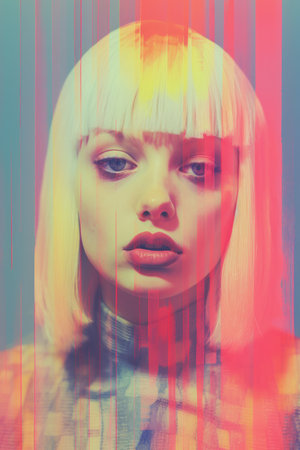 a woman with blonde hair and a red and blue backgroundの素材