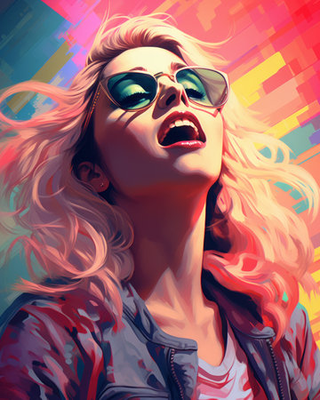 a painting of a woman with sunglasses on her faceの素材
