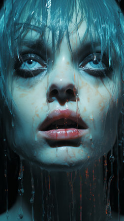 a woman with blue hair and dripping water on her faceの素材