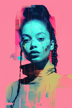 a woman with braids on her face in front of a pink backgroundの素材