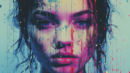a woman with blue eyes and paint splatters on her faceの素材
