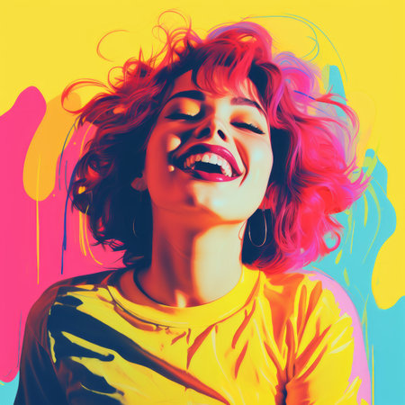 a woman with bright hair is smiling in front of a colorful backgroundの素材
